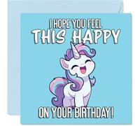 Bonita tarjeta de cumpleaños - Unicornio alegría y deseos de cumpleaños - Diseño azul pastel con mensaje alegre - Garantizado para alegrar su día especial - 145 mm cuadrado, sobre incluido
