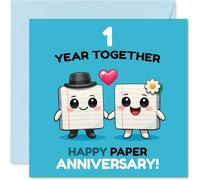 Bonita tarjeta de primer aniversario, celebra un año de amor, adorables personajes de papel en azul y rosa, guiño juguetón a tu primer aniversario juntos, cuadrado de 145 mm, sobre incluido
