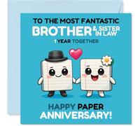 Bonita tarjeta de primer aniversario para cuñado y cuñado, un año de risas juntos, adorable pareja de dibujos animados con divertidas vibraciones de aniversario de papel, cuadrado de 145 mm, sobre