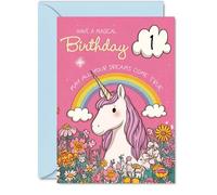 Bonita tarjeta de primer cumpleaños, brillo y sonrisas, unicornio caprichoso con arco iris y flores, lleno de alegría mágica de cumpleaños, 5 x 7 pulgadas, sobre incluido