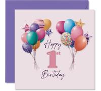 Bonita tarjeta de primer cumpleaños - Bursting with Joy - Globos coloridos, estrellas y confeti rodean un gran número rosa cuadrado de 1 a 145 mm, sobre incluido