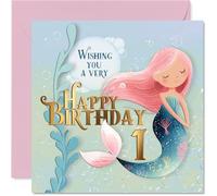 Bonita tarjeta de primer cumpleaños con texto en inglés "Make a Splash on Their Big Day", diseño caprichoso de sirena y burbujas en rosas pastel y azules, cuadrado de 145 mm, sobre incluido