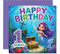 Bonita tarjeta de primer cumpleaños - Make a Splash on Their Special Day - sirena caprichosa y escena submarina llena de divertidas criaturas marinas - cuadrado de 145 mm, sobre incluido