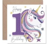 Bonita tarjeta de primer cumpleaños - Sparkle and Smiles - Unicornio mágico con número 1 dorado brillante y estrellas - rebosante de alegría de cumpleaños - cuadrado de 145 mm, sobre incluido