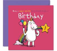 Bonita tarjeta de primer cumpleaños - Sparkles and Giggles Await - Unicornio caprichoso, globos arcoíris y estrella en rosa vibrante, cuadrado de 145 mm, sobre incluido