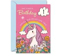 Bonita tarjeta de primer cumpleaños - Sprinkle of Birthday Magic - Unicornio caprichoso con arco iris y flores - rebosante de colores alegres y abalorios - A5, sobre incluido
