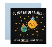 Bonita tarjeta de primer cumpleaños, tarjeta de primer viaje alrededor del sol para bebé, niño o niña, regalo temático espacial para él, ella, bebés, sobrina, sobrino, celebración de un año, viene con