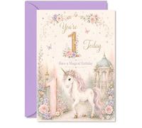 Bonita tarjeta de primer cumpleaños, unicornio caprichoso y brillo floral