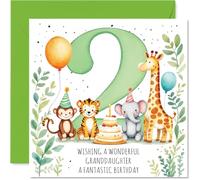 Bonita tarjeta de segundo cumpleaños para nieta - alegre fiesta de animales con pastel y globos - El número grande 2 destaca para una celebración memorable, cuadrado de 145 mm, sobre incluido