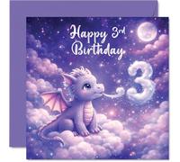 Bonita tarjeta de tercer cumpleaños, dragón mágico en nubes esponjosas, ilustración pastel de ensueño con brillo de cumpleaños, seguro que encantará pequeñas imaginaciones, cuadrado de 145 mm, sobre