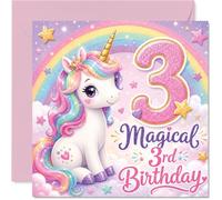 Bonita tarjeta de tercer cumpleaños - Espolvoreo de magia para cumplir tres - Unicornio pastel y arcoíris con número brillante - rebosante de alegría de cumpleaños - cuadrado de 145 mm, sobre incluido