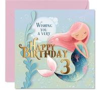Bonita tarjeta de tercer cumpleaños - Make a Splash on Her Big Day - sirena caprichosa con burbujas pastel y plantas marinas - 145 mm cuadrada, sobre incluido