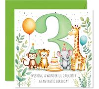Bonita tarjeta de tercer cumpleaños para hija, adorable escena de fiesta de animales, pastel colorido, globos y un gran número tres, lleno de alegría de cumpleaños, cuadrada de 145 mm, sobre incluido