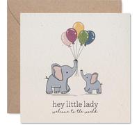 Bonita tarjeta para bebé con texto en inglés "Hey Little Lady, Welcome to the World", adorables elefantes con globos pastel, cálidos deseos para una preciosa niña nueva, cuadrada de 145 mm, sobre