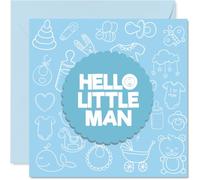 Bonita tarjeta para bebé con texto en inglés «Welcome to the World, Little Man», tarjeta azul claro con divertidos iconos de guardería e insignia festoneada, cuadrada de 145 mm, sobre incluido