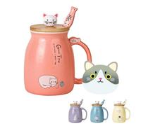 Bonita taza de café de cerámica Kawaii con tapa de madera de gatito y bonita cuchara de acero inoxidable, taza de mañana novedosa, taza de animales japoneses, regalos de cumpleaños para mujeres