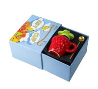 Bonita taza de cerámica de fresa con tapa y cuchara, taza de café de frutas 3D Kawaii, diseño minimalista, regalo creativo de decoración para el hogar y la oficina, tazas únicas con forma de fresa