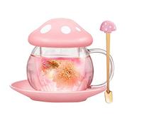 Bonita taza de té de cristal de hongo con infusor y cuchara, tetera Kawaii transparente con filtro colador, tapa de cerámica y posavasos, resistente al calor para uso doméstico y oficina, 290 ml