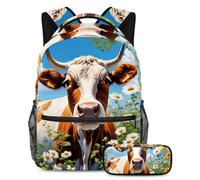 Bonita vaca y flor libera tu potencial con el juego de 2 mochilas escolares, mochila de gran capacidad y estuche para lápices, multicolor, B：29.4x20x40cm P：19x7.5x3.8cm, Mochilas de día