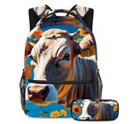 Bonita vaca y flor prepárate para el éxito con nuestro juego de 2 mochilas escolares para niños, niñas y adolescentes, con una mochila de gran capacidad y estuche para lápices, multicolor,
