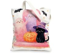 Bonitas bolsas de lona, adorables fantasmas y gatos, reutilizables, ligeras y lavables, con correa para el hombro, Blanco, 13x15 Inch