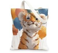 Bonitas bolsas de lona con diseño de tigre, bolsas reutilizables para comestibles, divertidas, ligeras, lavables, con correa para el hombro, Blanco, 13x15 Inch