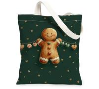 Bonitas bolsas de lona de pan de jengibre, bolsas de comestibles reutilizables con patrón festivo, ligeras y lavables con correa de hombro para compras, playa, picnic, 13 x 15 pulgadas