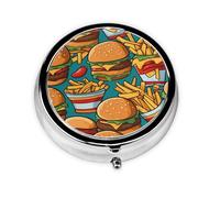 Bonitas hamburguesas fritas. Este pequeño pastillero redondo de viaje de tres compartimentos es perfecto para almacenar medicamentos diarios, vitaminas y sobre la marcha.