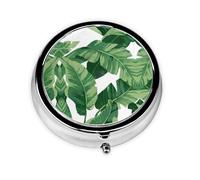 Bonitas hojas de palma verde. Este pastillero de viaje pequeño, redondo y de tres compartimentos es perfecto para almacenar medicamentos diarios, vitaminas y sobre la marcha.