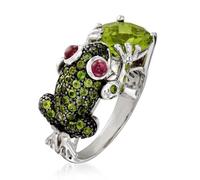 Bonito anillo plateado con forma de rana, vintage, sintético, circonita cúbica verde, anillo de sujeción para mujer, anillo de compromiso de animales bohemios