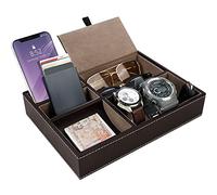 Bonito bolsillo de piel sintética marrón con 5 compartimentos - almacenamiento de llave, cartera, teléfono, relojes, accesorios, plata, gemelos, bandeja de piel para mesita de noche y oficina