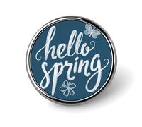 Bonito broche redondo con palabras dibujadas a mano Hello Spring on Blue para hombres y mujeres, insignia de moda, collar, vestido, chaqueta, mochila, accesorios