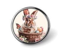 Bonito broche redondo de conejo de Pascua sentado en una cesta floral para hombres y mujeres, insignia, collar, vestido, chaqueta, mochila, accesorios