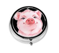 Bonito cerdo rosa. Este pequeño pastillero redondo impreso es un organizador portátil de píldoras y vitaminas, perfecto para bolsillos, bolsos y viajes.