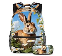 Bonito conejo y flor da rienda suelta a tu estilo con el juego de 2 mochilas escolares, mochila de gran capacidad y estuche para lápices, multicolor, B：29.4x20x40cm P：19x7.5x3.8cm, Mochilas de día