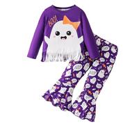 Bonito Conjunto de Disfraz Halloween para niñas, Top con Flecos Dibujos Animados, Pantalones Acampanados Estampados, Dos Piezas Uso Diario, Trajes De Compatible with Motos