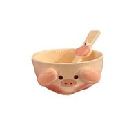 Bonito cuenco de arroz de cerámica para cachorros con cuchara, diseño de animales de dibujos animados, cuenco de arroz rosa en polvo