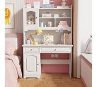Bonito escritorio de estudio de madera con estantería y cajones, perfecto para niñas y adolescentes, ideal para oficina en casa, elegante combinación de muebles de estudio