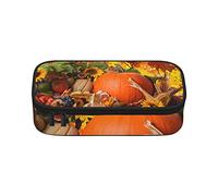 Bonito estuche de hojas de palma verdes de gran capacidad, bolsa de papelería de oficina, bolsa de cosméticos con compartimentos para niñas, niños y adultos, hojas de otoño, feliz día de Acción de Gracias, calabaza, talla única