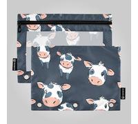 Bonito estuche de tela con bolsillos blancos con estampado de vaca para carpetas de 3 agujeros con cremallera para suministros de papelería escolar