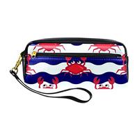 Bonito Estuche Escolar 2 Cremalleras para Lápices con Diseño de Ondas Azules de Cangrejo, Cartuchera Escolar Bolsa de Piel Sintética para Niños y Niñas, Suministros Escolares y de Oficina