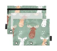 Bonito estuche para lápices de dibujos animados de alce verde salvia para 3 anillas, con cremallera, para aula, escuela, bolsillos transparentes, 9.8 x 7.1 pulgadas, 2 paquetes