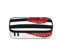 Bonito estuche para lápices de gran capacidad, bolsa de papelería de oficina, bolsa de cosméticos con compartimentos para niñas, niños y adultos, labios impresos en rayas blancas y negras, talla única