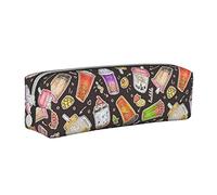Bonito estuche redondo de piel con diseño de té de burbujas de dibujos animados, bolsa para lápices con cremallera para mujeres, hombres, oficina, adultos y niños