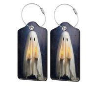 Bonito fantasma con dos velas, etiqueta de equipaje de arte de fantasía para maleta, paquete de 2 etiquetas de equipaje de cuero con solapa de privacidad, etiqueta de identificación de nombre y lazo