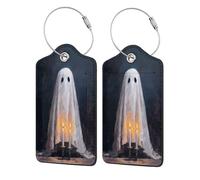 Bonito fantasma con velas, etiqueta de equipaje de arte de fantasía para maleta, paquete de 2 etiquetas de equipaje de cuero con solapa de privacidad, etiqueta de identificación de nombre y lazo de