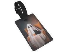 Bonito fantasma en un sillón con etiquetas de equipaje de gato negro, etiqueta de identificación de nombre, etiquetas de maleta, ideal para viajes, cruceros, mochilas, bolsas