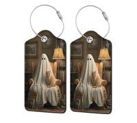 Bonito gato fantasma en un sillón, etiqueta de equipaje para maleta, paquete de 2 etiquetas de equipaje de cuero con solapa de privacidad, etiqueta de identificación de nombre y lazo de metal para