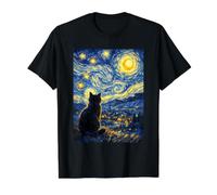 Bonito Gato Negro pacífico Inspirado en la Noche Estrellada de Van Gogh Camiseta gráfica económica, Hombre, Negro, L