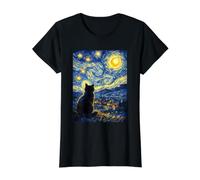 Bonito Gato Negro pacífico Inspirado en la Noche Estrellada de Van Gogh Camiseta gráfica económica, Mujer, Negro, L